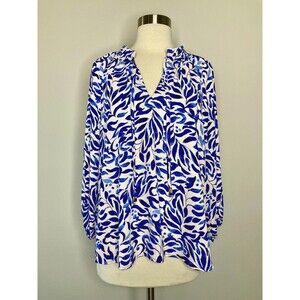 Veronica M Top Frederick Split Neck Blouse Women Large Blue White NWT Pleated